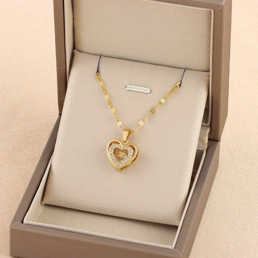 Double-Layer Love Necklace with Rhinestones – Elegant Titanium Steel Pendant Fashion Jewelry for Women